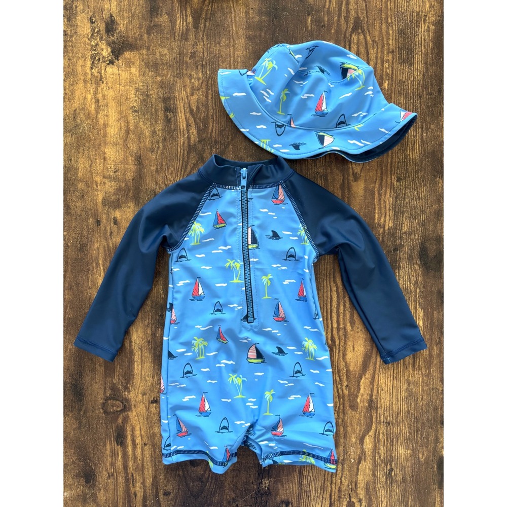 Andy & Evan Baby Boys Blue Nautical Sailboat Rash Guard Romper and Hat Set 3-6M